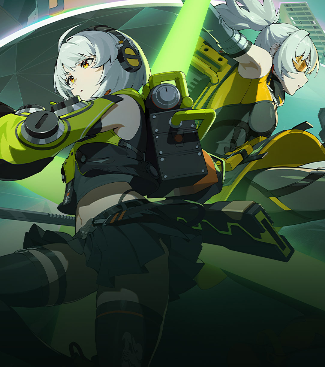Two main characters mid-battle, with giant mecha towering over a cityscape