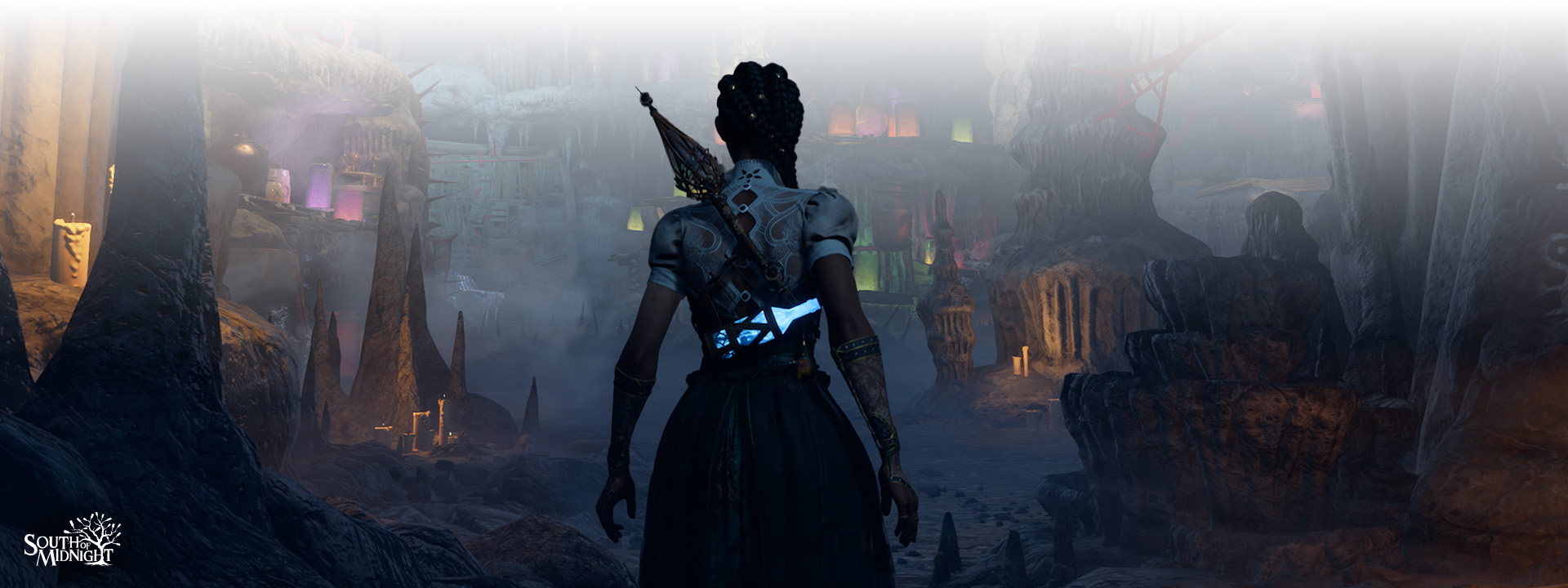 South of Midnight logo, Hazel with her back turned heading into a misty cave.