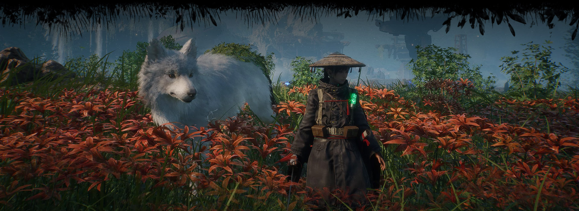 エマとクゥは、背景に巨大衛星の残骸が横たわる赤い花畑に立っている。