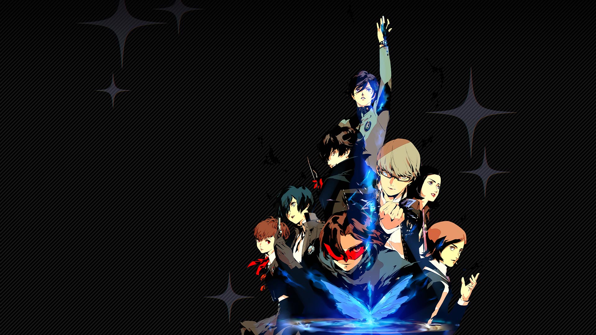 A collage of Persona characters with a glowing blue butterfly in the centre.