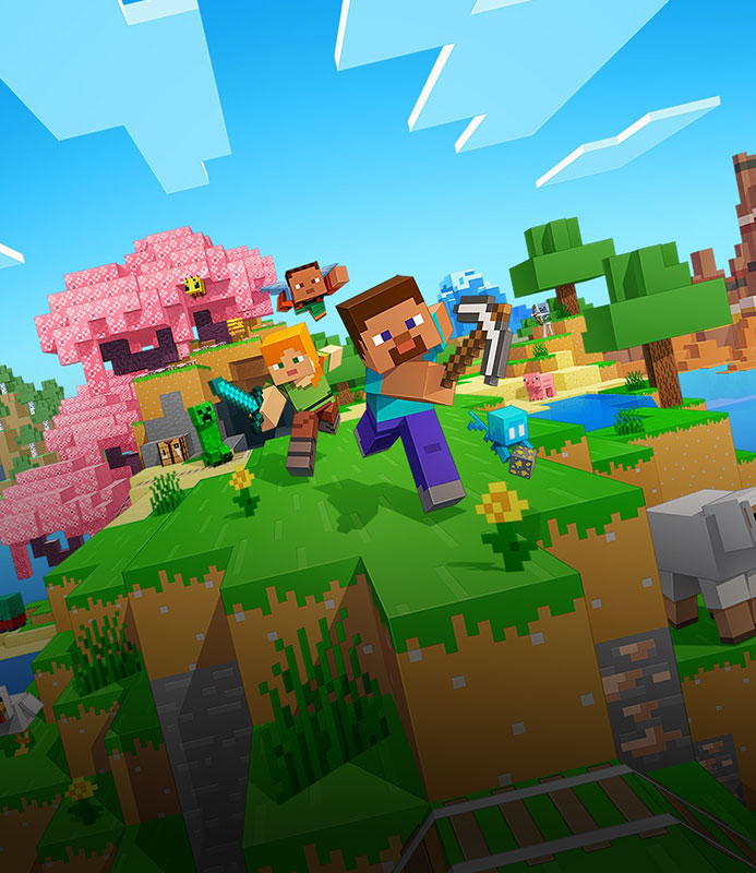 Key art for Minecraft showing a blocky, pixelated landscape with grassy hills, trees, and mountains, featuring two characters running with weapons and one superhero character flying above.