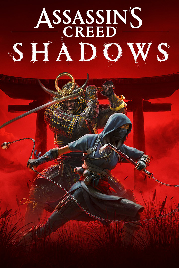 Logo Assassin’s Creed Shadows, Yasuke i Naoe stoją z bronią przy ciele przed bramą torii, otoczeni postrzępionymi sztandarami.