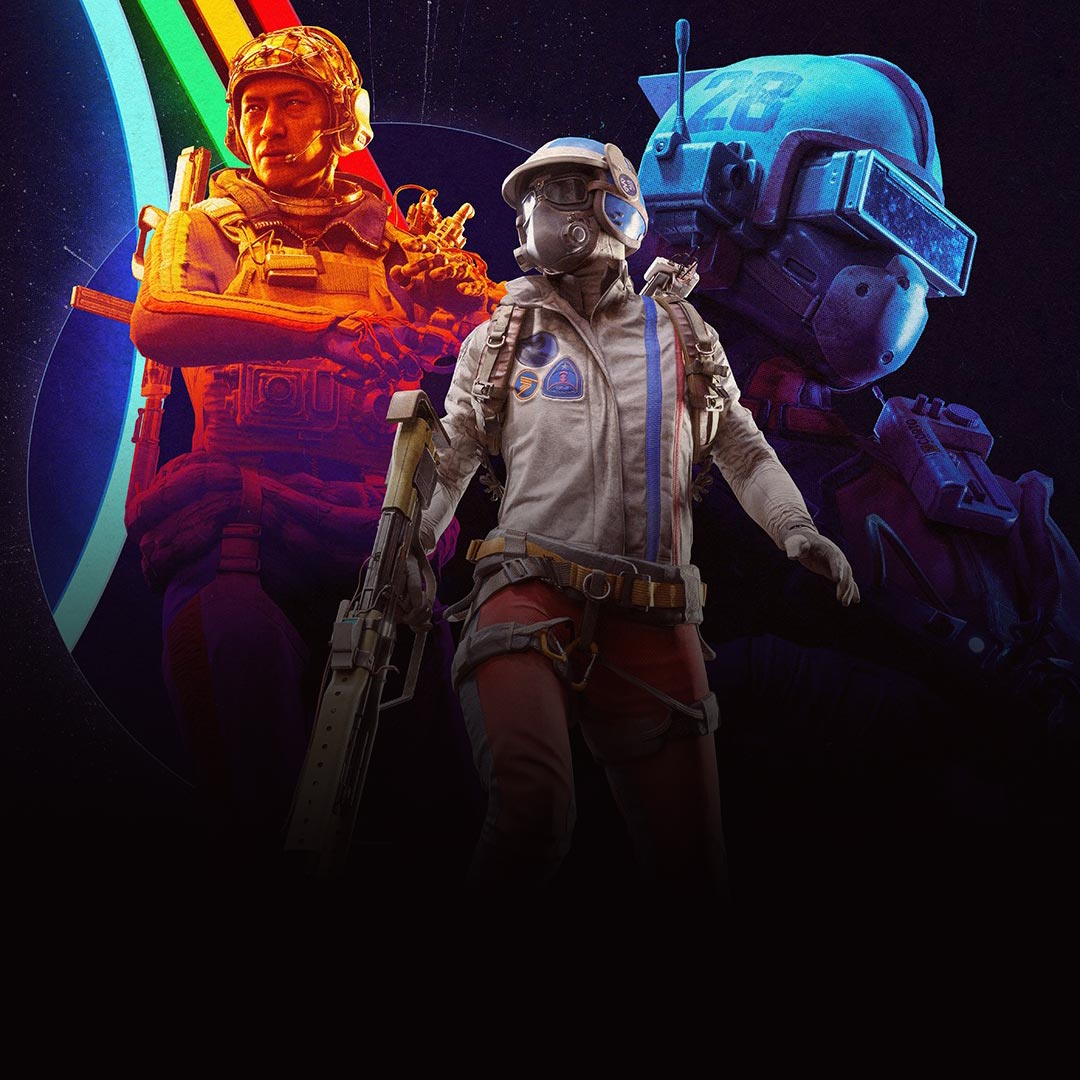 Three Raiders shaded in the game’s signature colors, standing against a stylized background with bold teal and orange tones