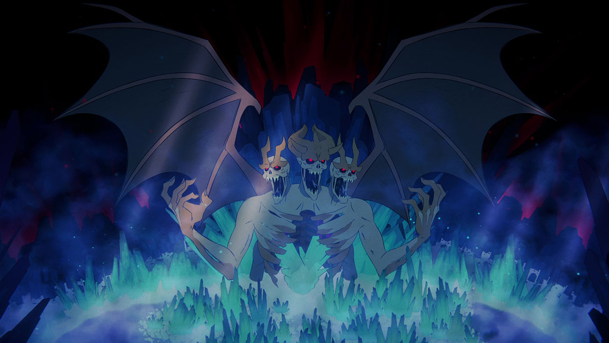 Lucifer con tres calaveras y alas de murciélagos, rodeado de cristales azules.
