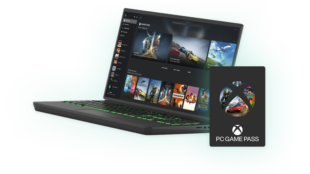 PC Game Pass, An open laptop showing the PC Game Pass web page alongside a PC Game Pass gift card with Xbox Logo.