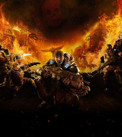 A crouching Marcus looks forward. Behind him, Damon, Dominic, and Augustus fend off the Locust in a burning city.