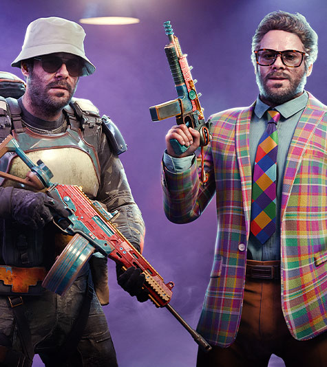 A skin of Seth Rogen wearing a colorful suit next to another skin of him in military gear.