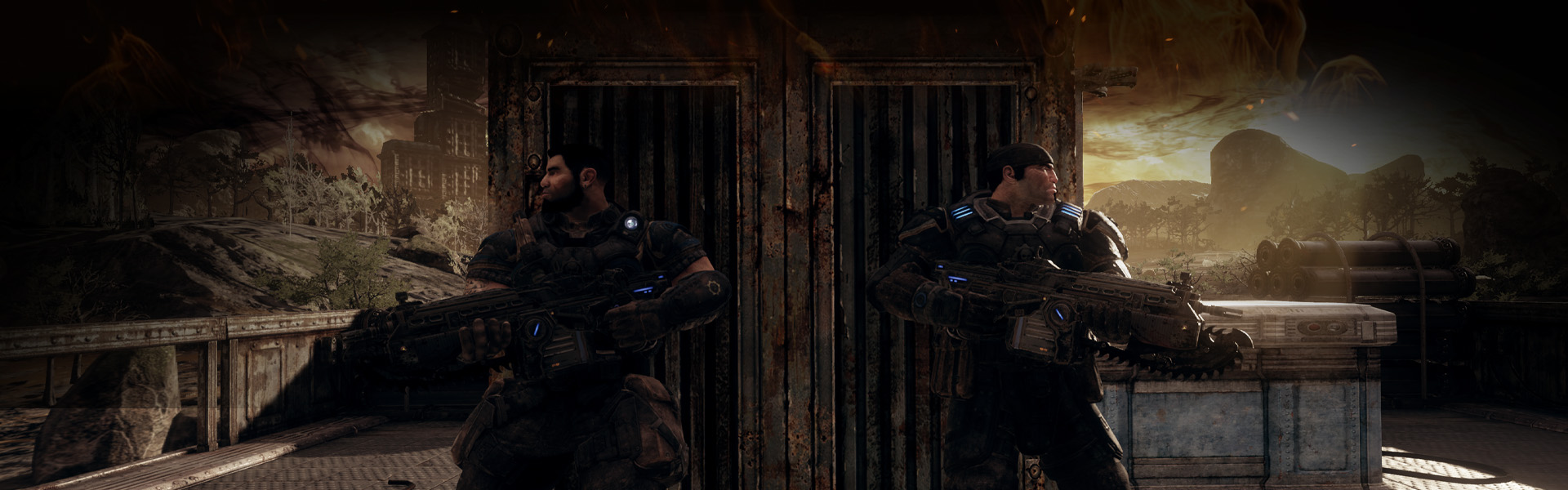 Dominic and Marcus shield themselves behind a shipping container.