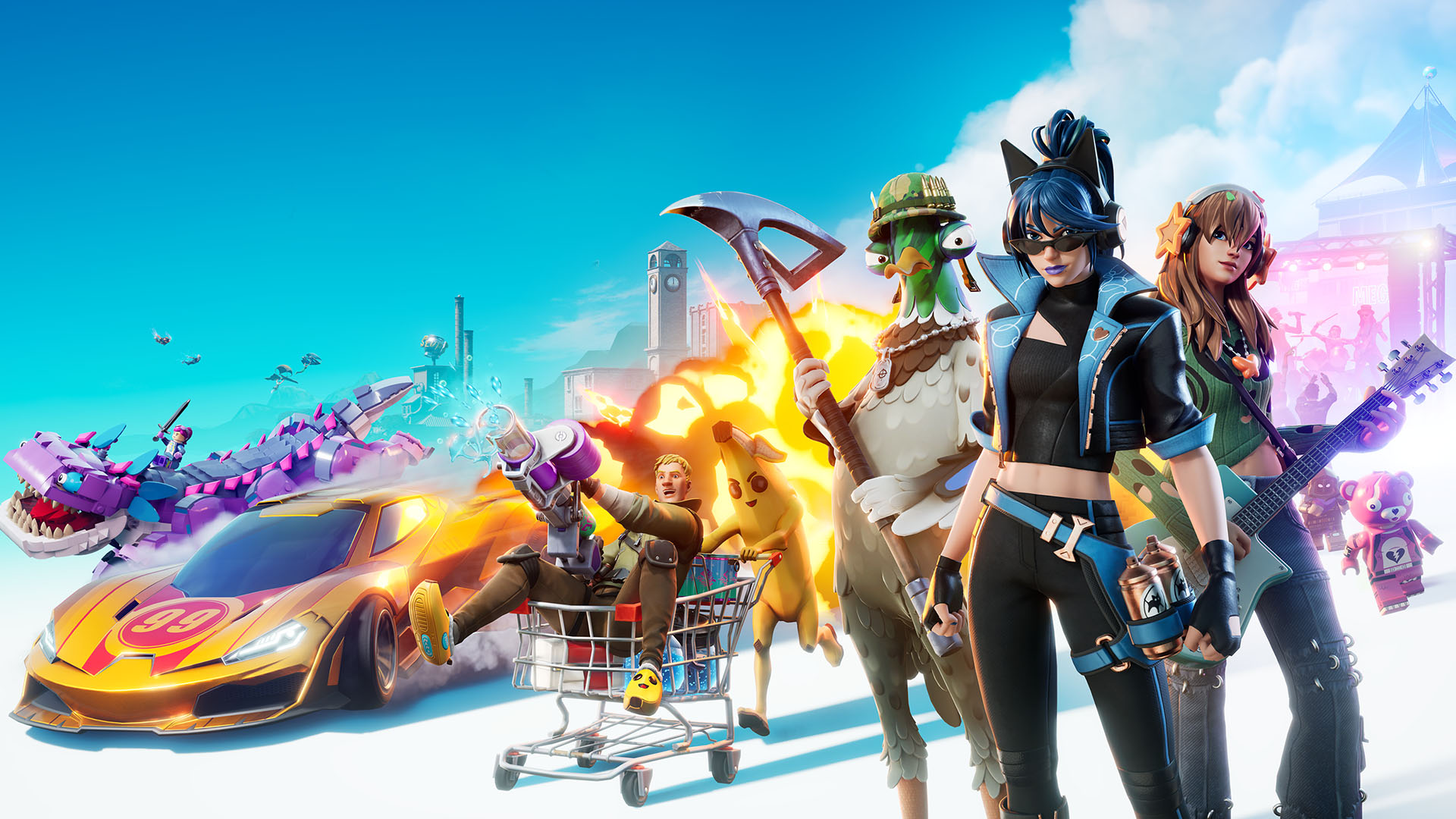 A group of unique Fortnite characters and vehicles, one character is getting pushed in a shopping cart by a banana character, the background is a skyline of different points of interest on the Fortnite map
