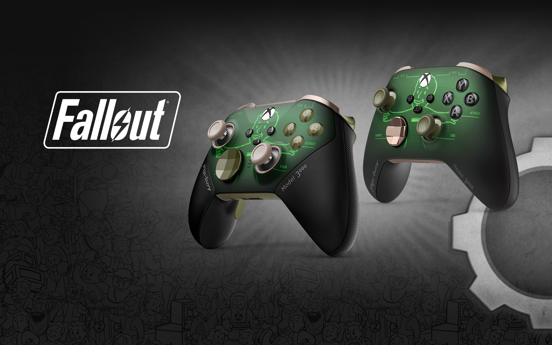 Fallout, Zwei personalisierte Xbox-Controller im Fallout Pip-Boy-Design vor einem schwarz-weißen Fallout-Artwork-Hintergrund.
