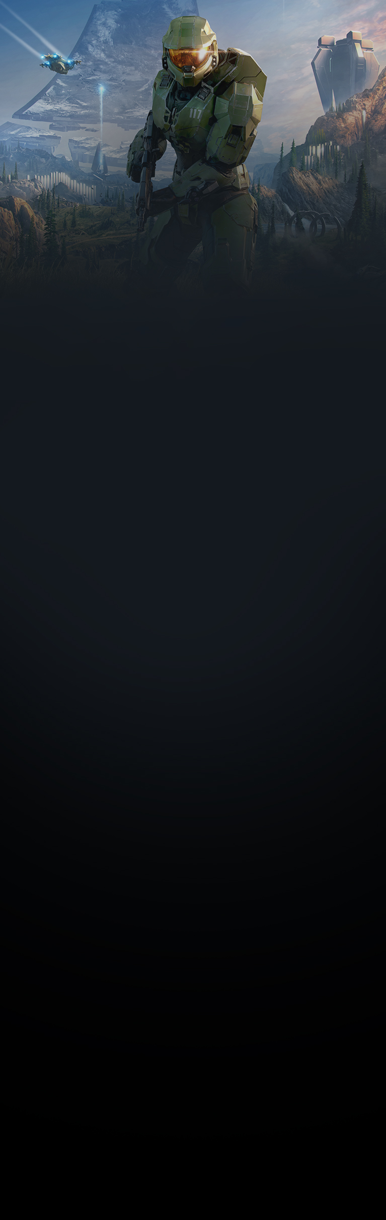 A Spartan carrying a weapon stands with a spaceship and light beaming into the sky behind them.