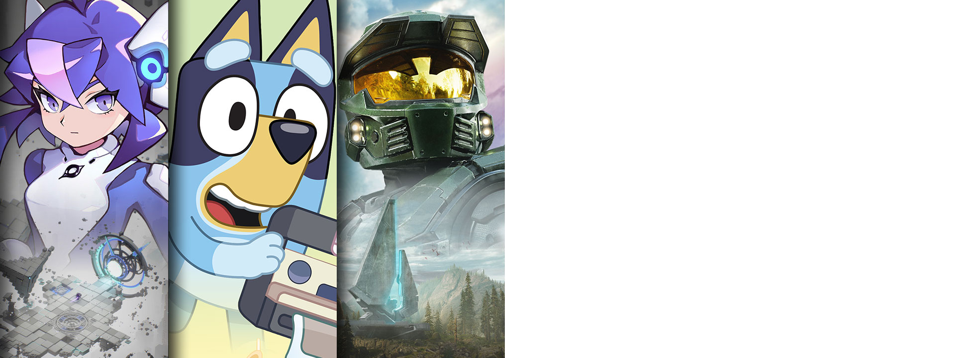 Game art from three titles arriving day one on Game Pass including Ascend to ZERO, Bluey’s Happy Snaps, and Halo: Campaign Evolved.
