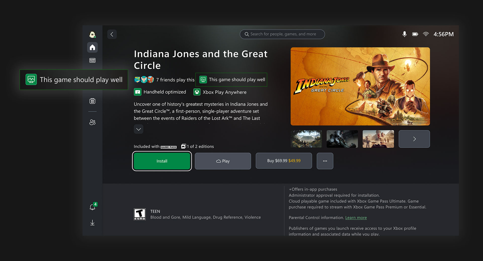 Rog UI showing game will play well icon on the Indiana Jones game page.