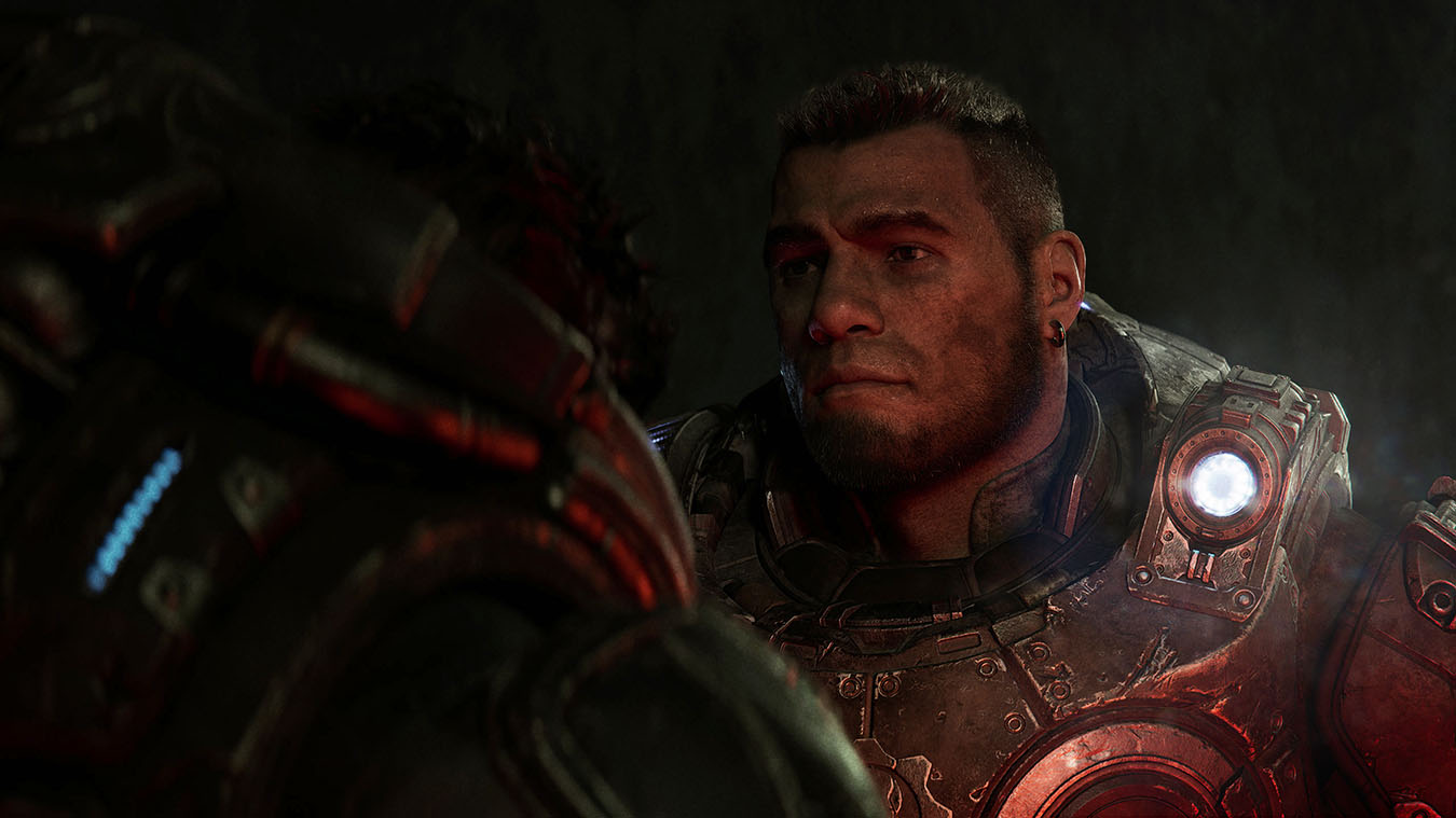 A soldier faces a massive Locust Corpser monster rampaging through a burning city street at night in Gears of War: E-Day