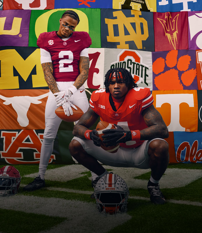 Key art for EA Sports College Football 26 featuring Alabama wide receiver Ryan Williams and Ohio State wide receiver Jeremiah Smith.