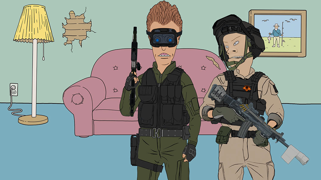 Beavis & Butt-Head in a living room dressed in tactical gear