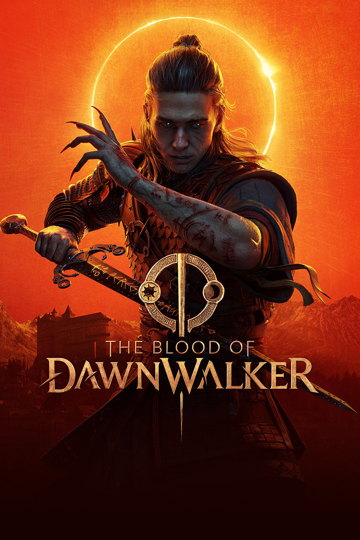 Blood of Dawnwalker-logoen, Coen står i skyggen av en formørkelse og holder et sverd i den ene hånden mens han svinger klørne med den andre.
