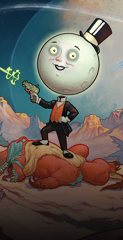 『The Outer Worlds 2』、モンスターの上に立ってレーザー銃を発射しているムーンマン