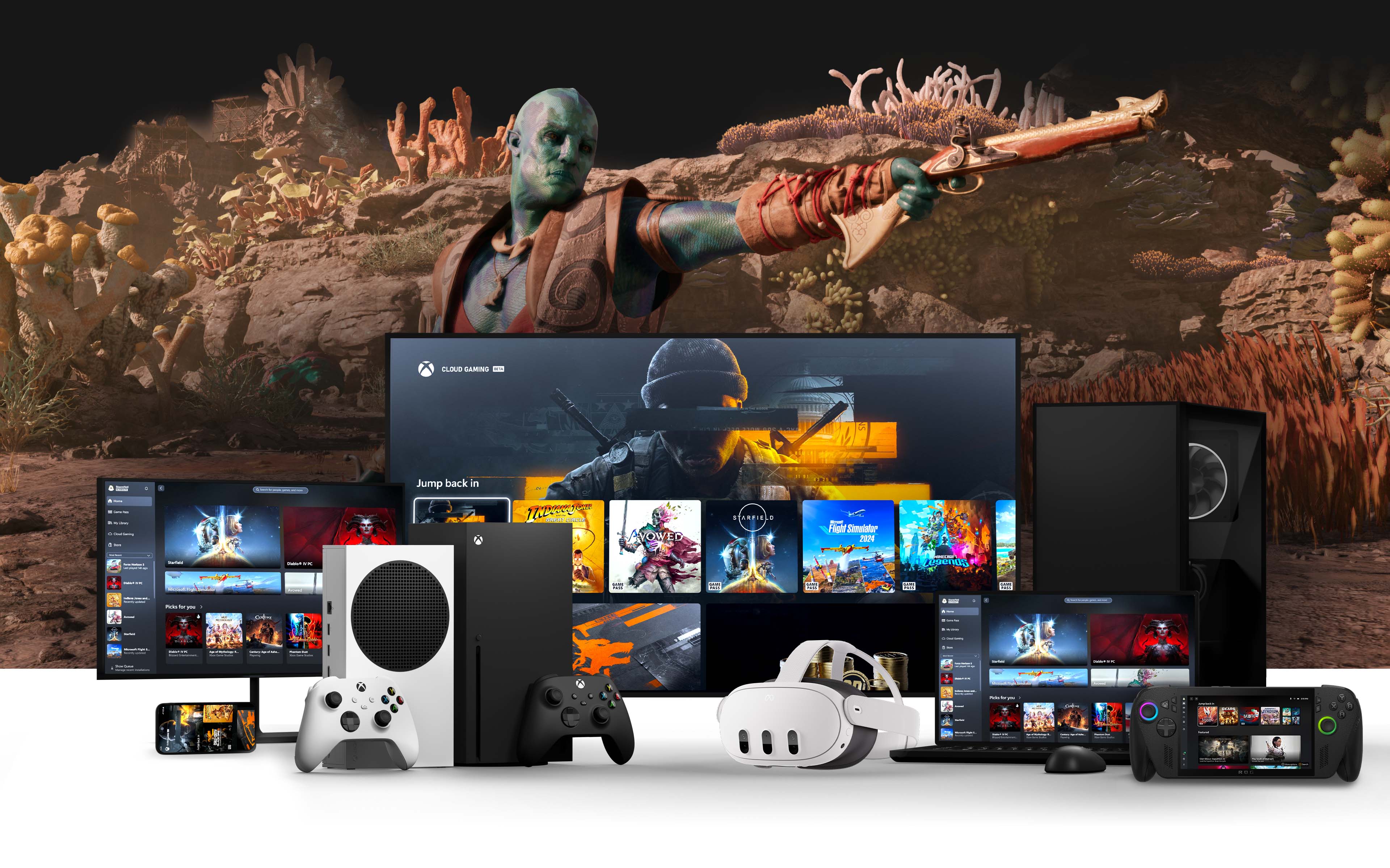 Avowed character and scenery behind several Xbox devices including PC, consoles, VR, and mobile.
