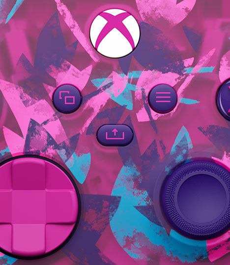 Closeup of the Xbox Wireless Controller – Heart Breaker Special Edition’s purple and pink face.