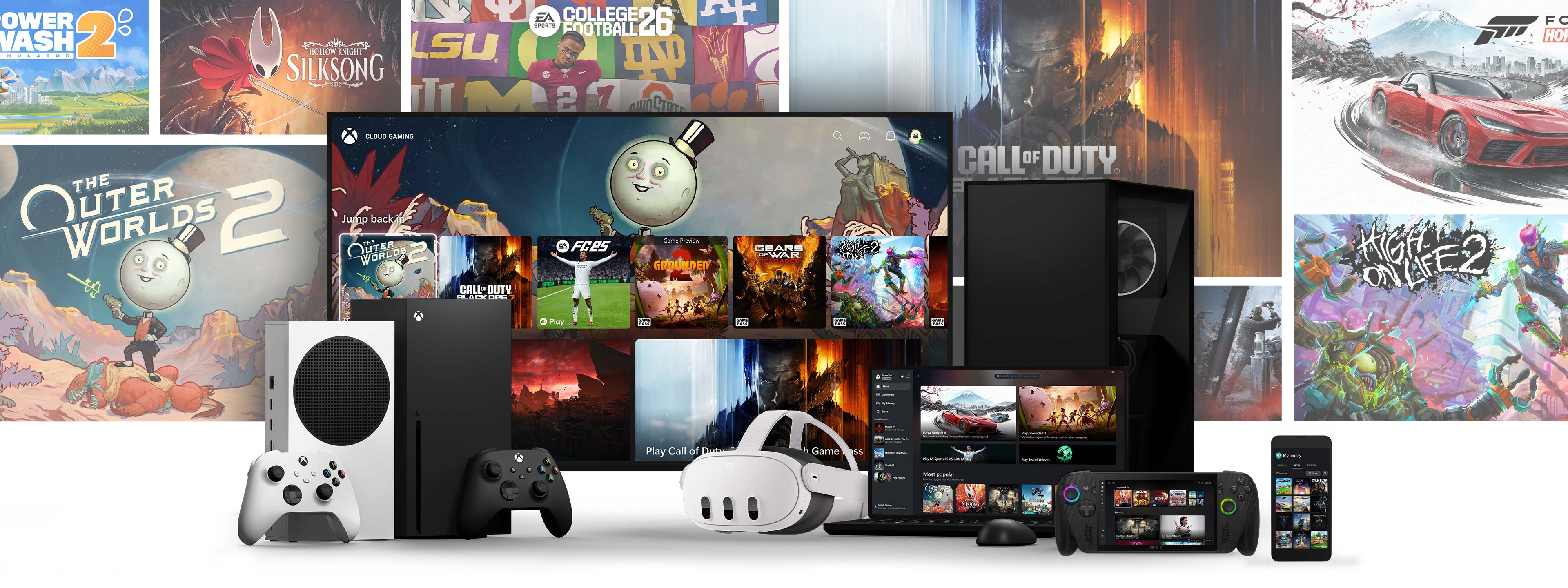 Xbox consoles, wireless controllers, VR headset, laptop and PC tower, handheld gaming device and mobile phone with an arrangement of game art in the background.