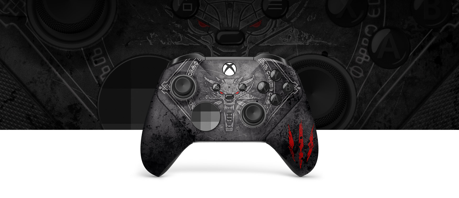 The front of the Xbox Elite Wireless Controller Series 2 – Core The Witcher 3 10th Anniversary Special Edition with a closeup of the controller in the background.
