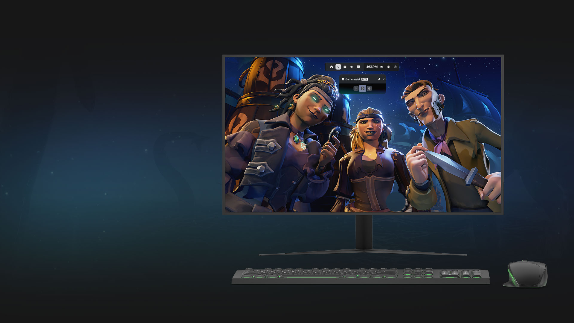 Monitor komputerowy z grafiką z gry Sea of Thieves przedstawiającą grupę piratów oraz funkcję Asystent gier (wersja beta) Nakładka Game Bar wraz z klawiaturą i myszą. 