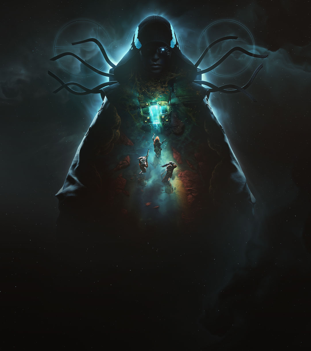 Three team members approaching the back of a subway car all within a silhouette of a cloaked antagonist. 