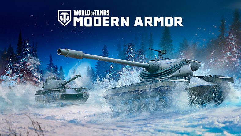 World of Tanks, Modern Armor, two tanks roll quickly through a snowy winter forest