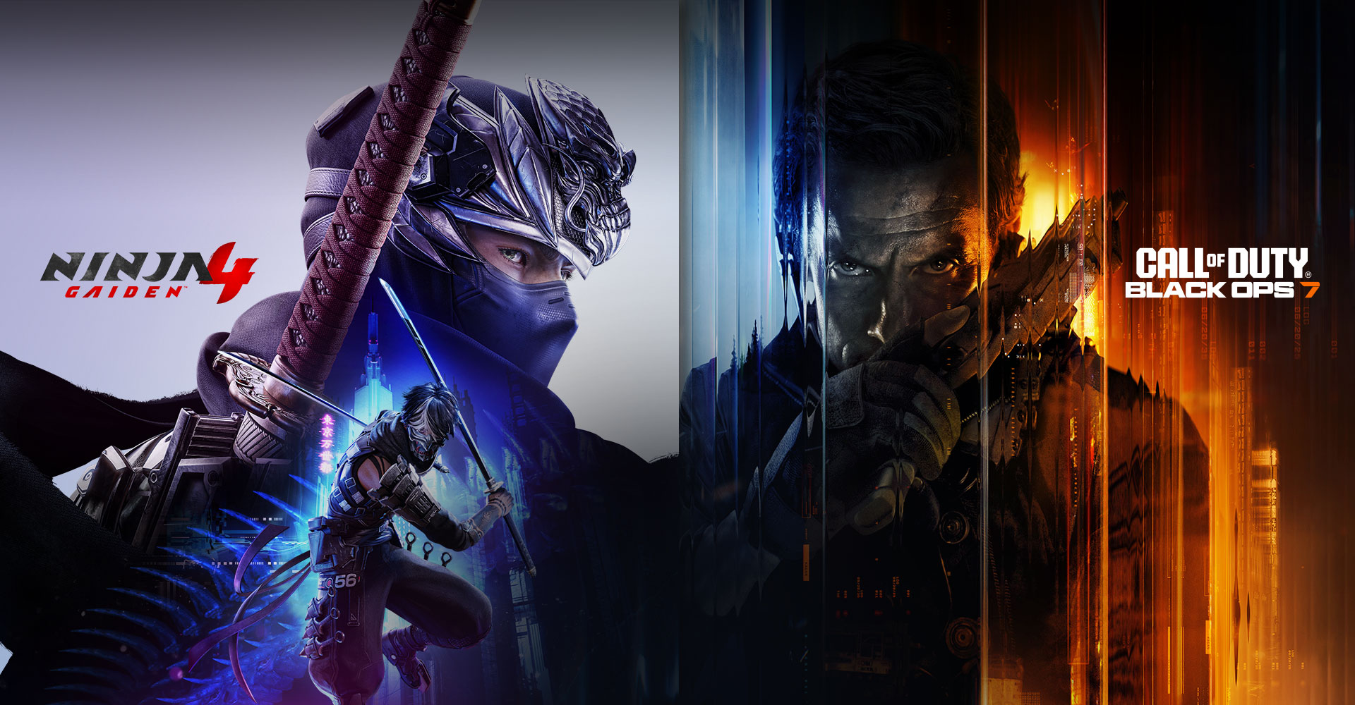 NINJA GAIDEN 4 logo, In the shadow of Ryu Hayabusa, Yakumo wields a twin set of blades, Call of Duty: Black Ops 7, A man looking forward with a serious expression while holding a handgun in front of his face.