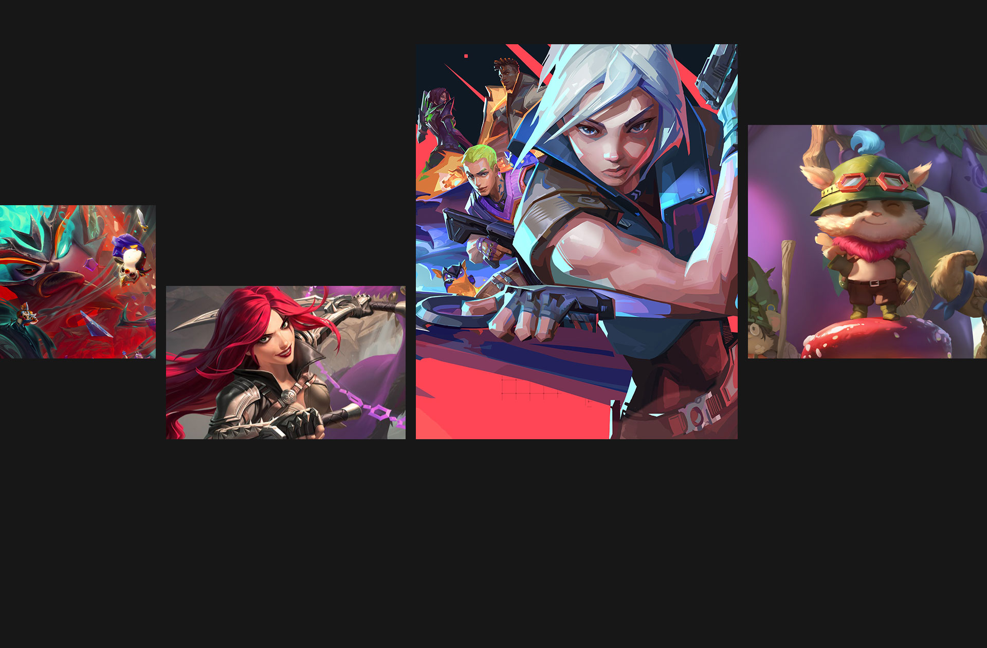 Game art from TEAMFIGHT TACTICS, League of Legends, VALORANT, and LEGENDS OF RUNETERRA