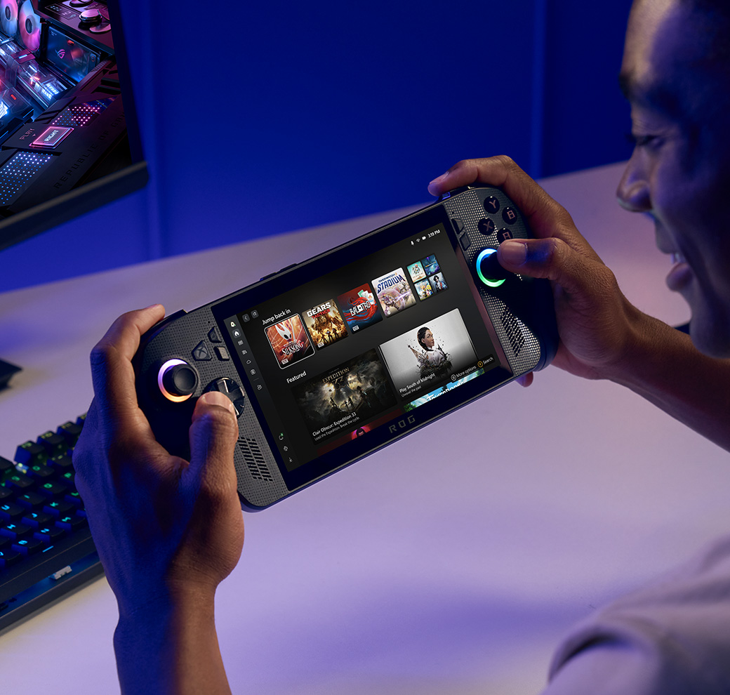Gamer using the Xbox ROG Xbox Ally X with UI showing the Xbox app home screen