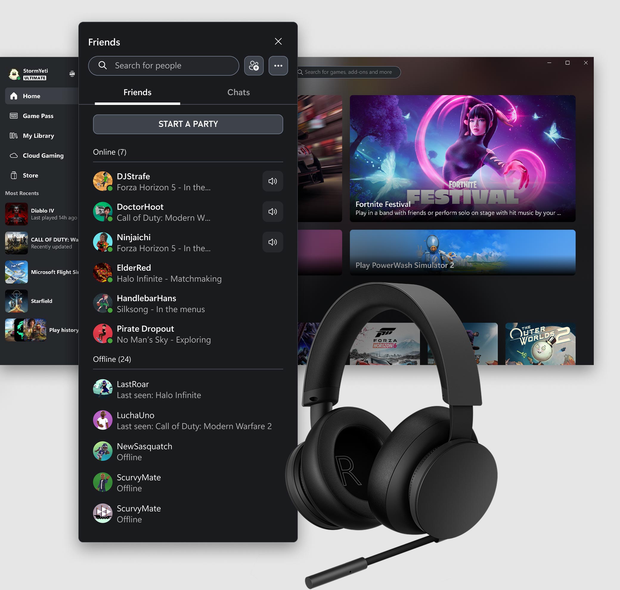 Xbox PC 앱 사용자 인터페이스에 소셜 탭이 표시된 모습