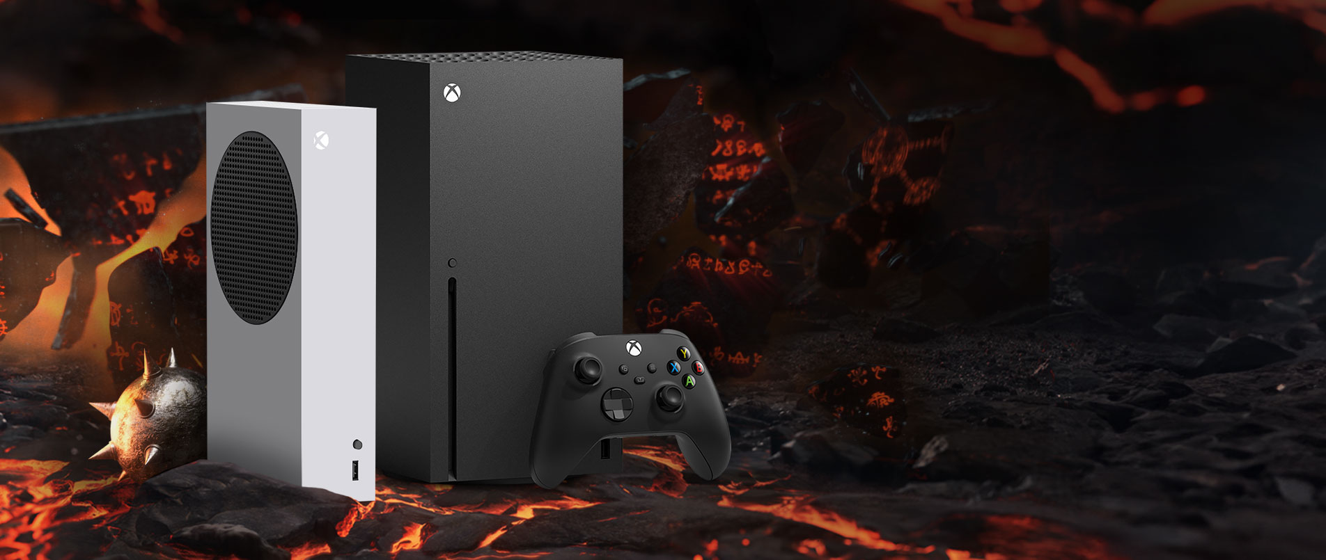 Xbox Series X and Series S consoles and controller against a lava background