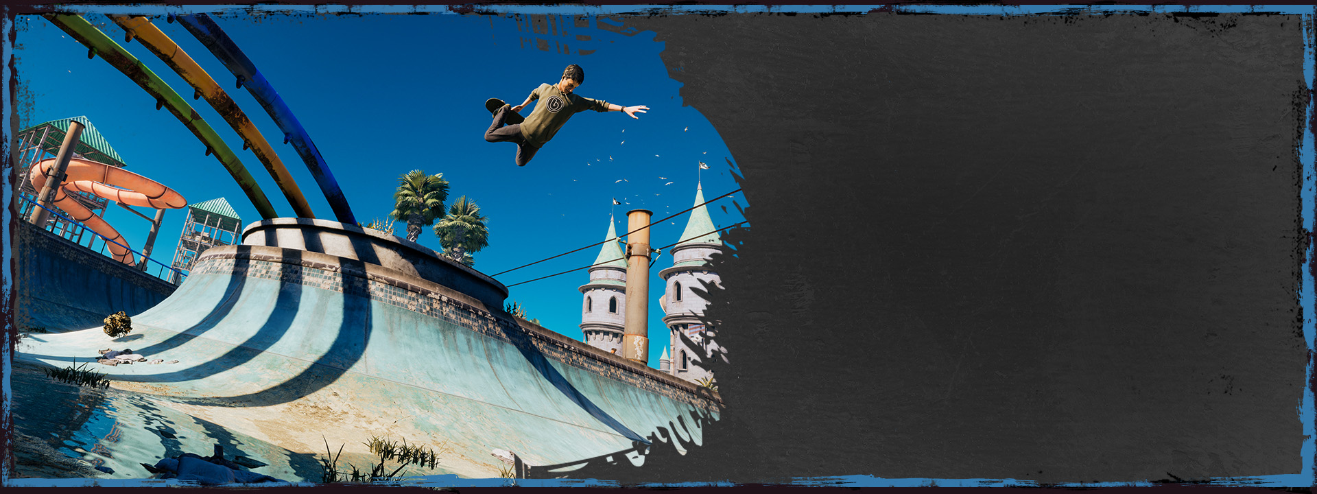 Tony Hawk soars in the air next to a series of flat rails over the top of a bowl.