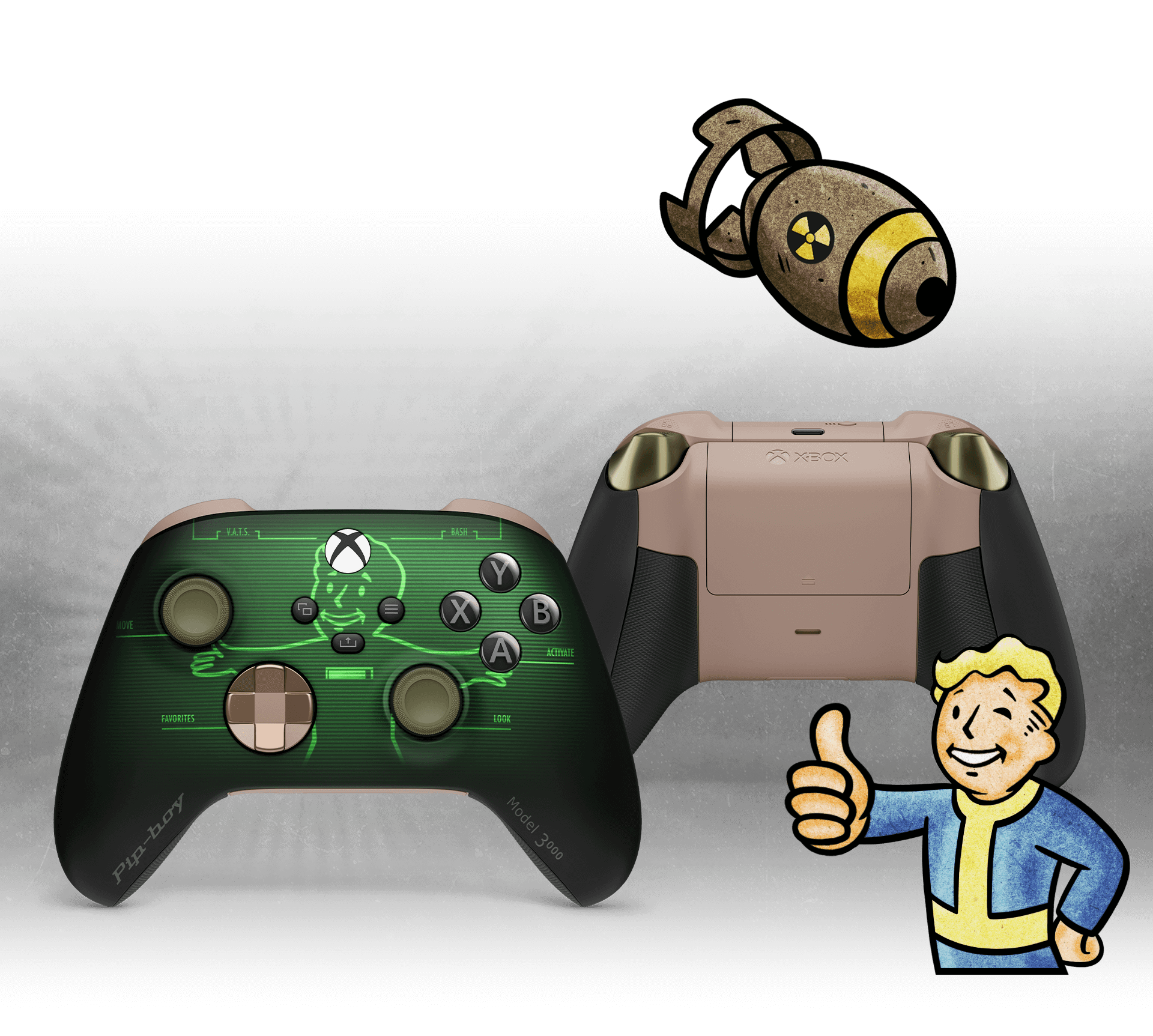 Vault Boy giving a thumbs up with an atomic bomb falling in the distance