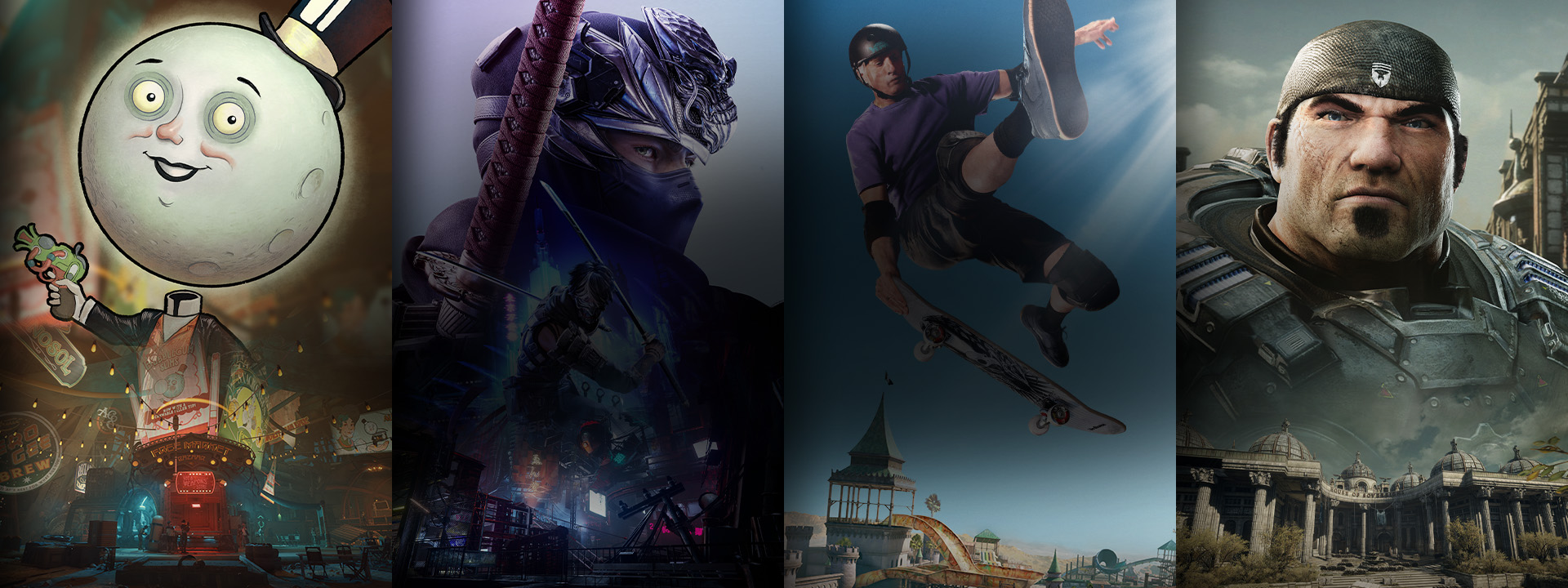 A selection of games available or coming soon with Game Pass including The Outer Worlds 2, Ninja Gaiden 4, Tony Hawk’s Pro Skater 3 + 4, and Gears of War: Reloaded.