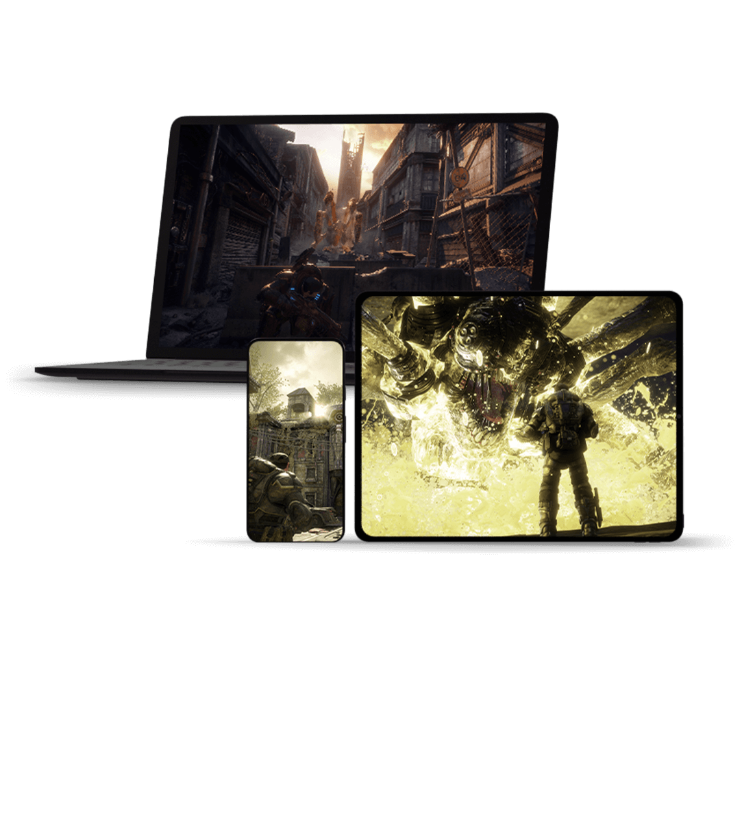 front view of three different monitor screens displaying Xbox games