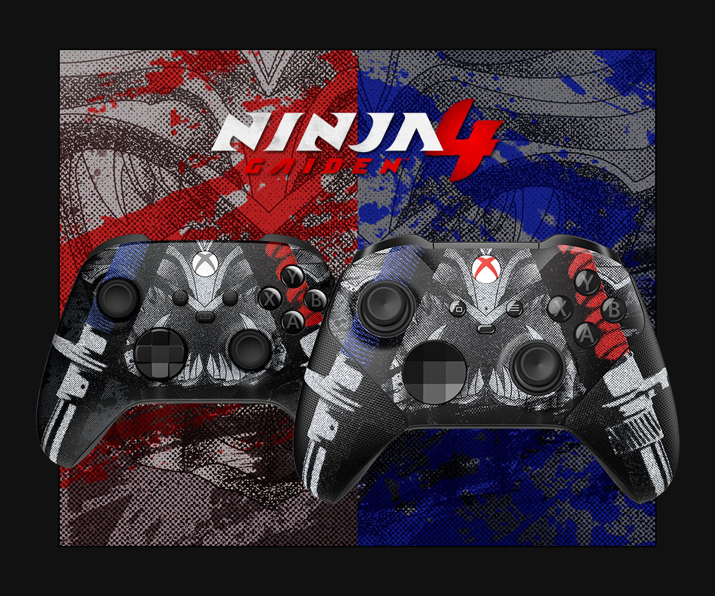 NINJA GAIDEN 4, Langaton Xbox-ohjain ja langaton Xbox Elite Series 2 -ohjain puoliksi sinistä ja puoliksi punaista roiskeväristä taustaa vasten.