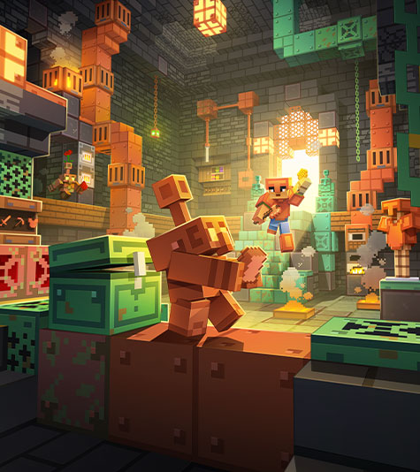 A copper golem works in a copper mine while a figure with tools works near a furnace.