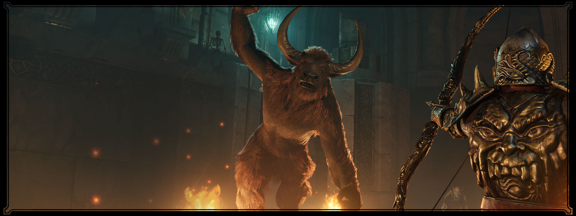 鎧を着た戦士が、突進してくるミノタウロスを前に注意深く弓を引いています。