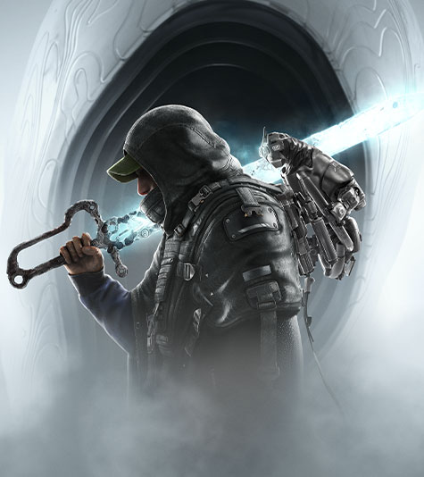 A protagonist standing with a shining mythical sword over his shoulder 