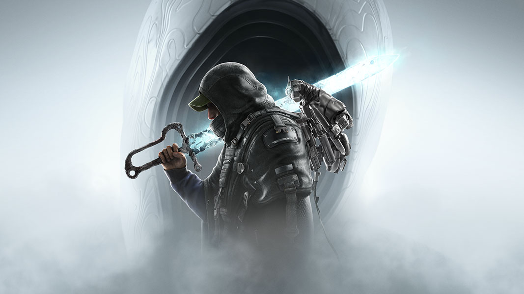 A protagonist standing with a shining mythical sword over his shoulder 