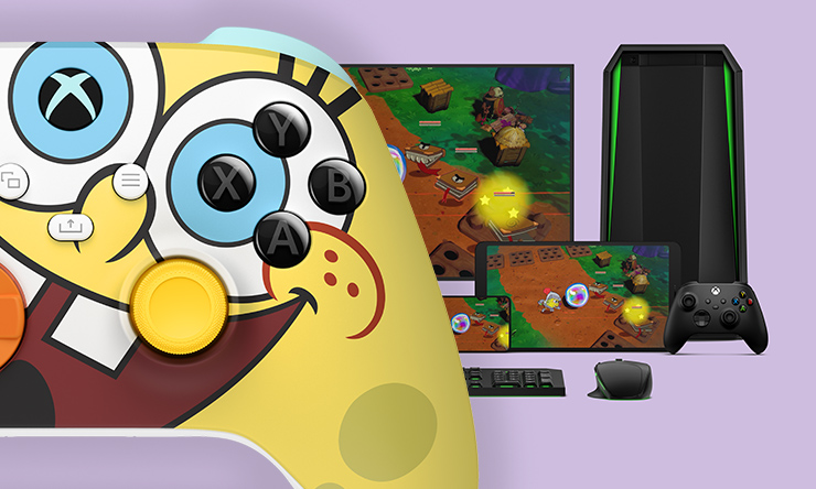 Xbox Elite Wireless Controller Series 2 – The SpongeBob Movie Limited Edition with a computer, TV, and an Xbox Series S