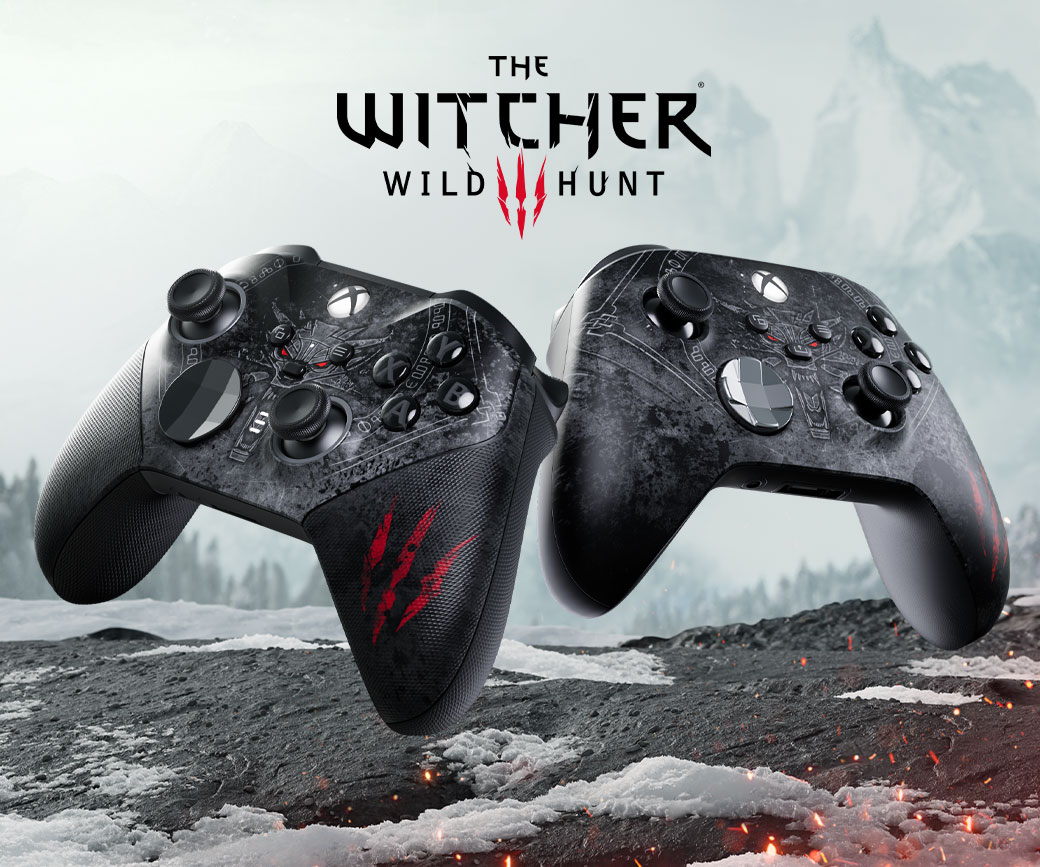 The Witcher 3: Wild Hunt, a front angle view of both the Xbox Wireless Controller – The Witcher 3 10th Anniversary Special Edition and Xbox Elite Wireless Controller Series 2 – The Witcher 3 10th Anniversary Special Edition with a snowy environment background.