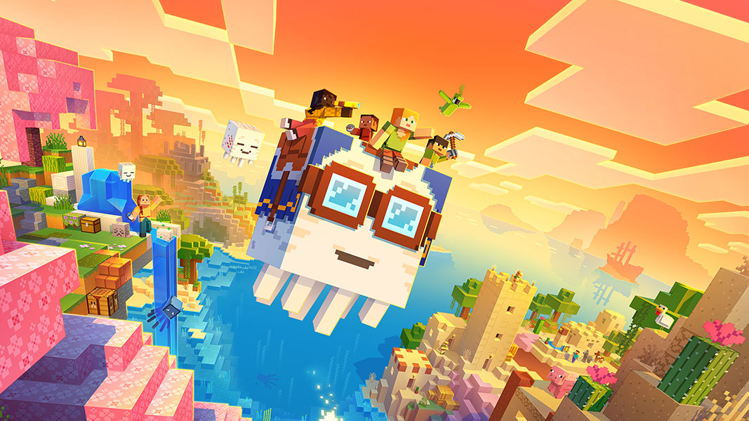 Alex flies on the back of a happy ghast with a group of friends.