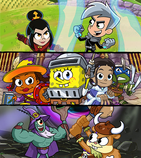 A collage of different cartoon characters from Avatar the Last Airbender, Sponge Bob, and Danny Phantom, adventuring in different worlds