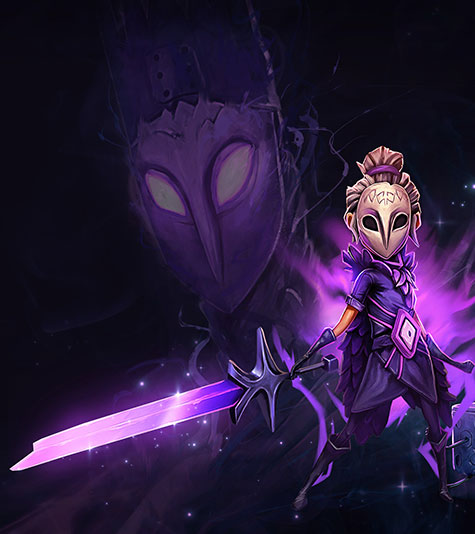 A masked character in purple armor standing heroically, bathed in a violet aura and wielding a large glowing sword