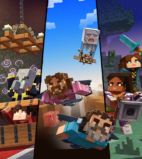 In a series of images from Minecraft, Henry hides in a chest, Garrett and Steve fly, and Natalie and Dawn escape from Creepers.