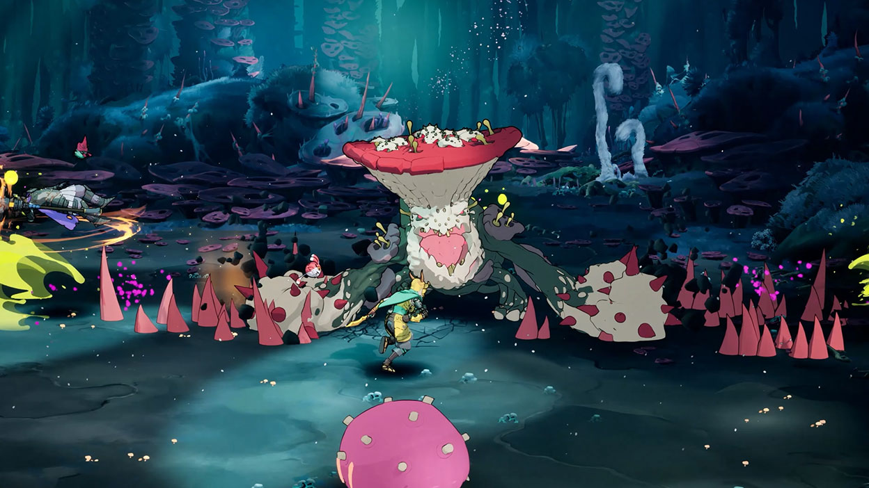 Przypominające grzyba monstrum wali pięściami w ziemię, z której wystrzeliwują kolce.